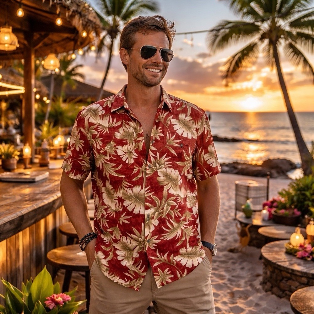 Island Shores Hawaiian Shirt Mens Medium Red Floral Rayon Short Sleeve Button-Up